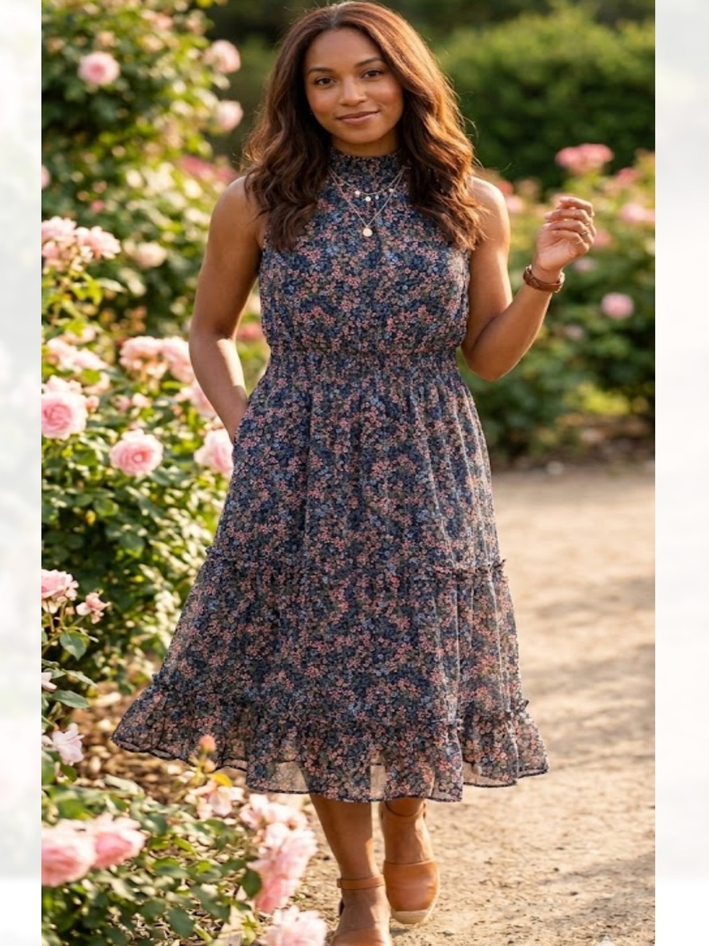 MSK Navy Floral Midi Dress with Pink & Green Print